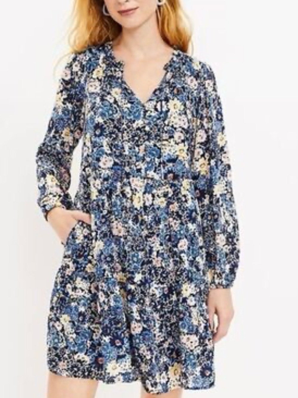 LOFT Navy Floral Tiered Tie-Front Dress *like new condition!